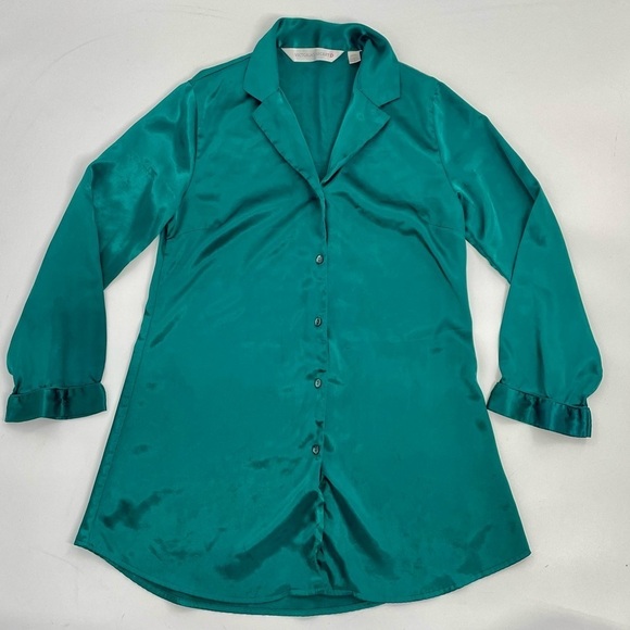 Victoria's Secret Green Satin Sheer Long Sleeve Button Down Dad Nightshirt Small - Picture 1 of 7